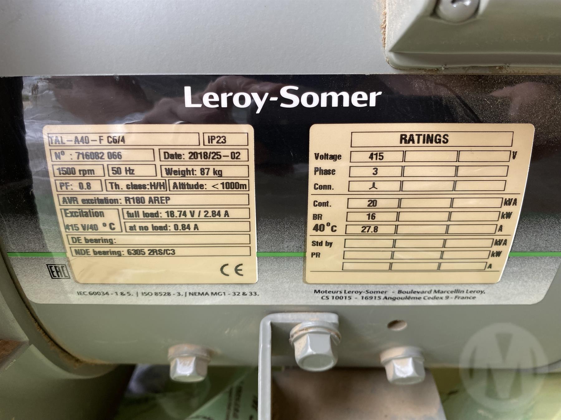 Used Leroysomer TALA40F C6/4 20kva Alternator For Auction in Altona